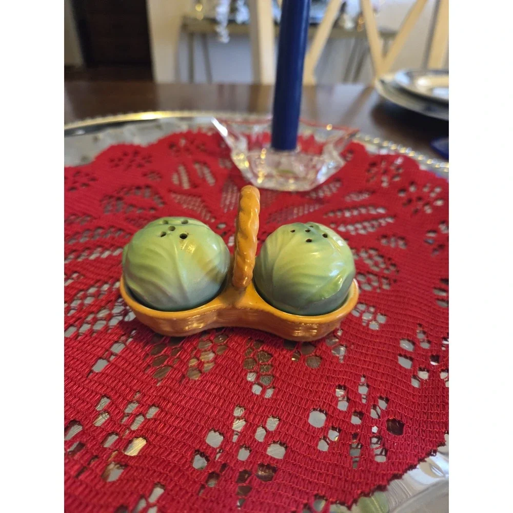 vintage Cabbage Head ceramic salt and pepper shakers In Basket